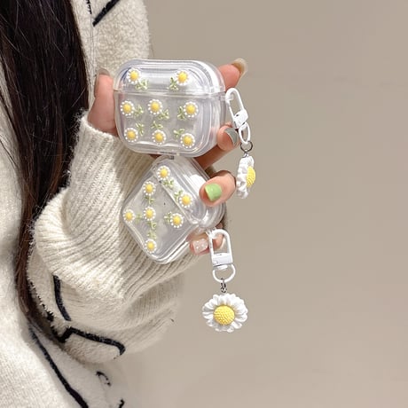 草花 Airpods 4ケース ラメ入り 透明 Airpods3/2カバー Airpodspro2/pro  花キーホルダー付き 女子力高い[M5038]