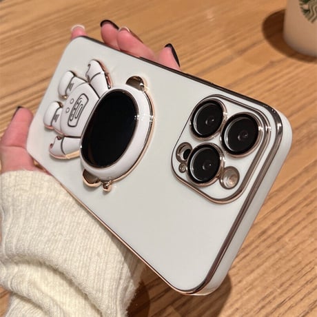 宇宙飛行士グリップ iphone14/13promaxケース ツヤ感金色枠 iphone12mini/SE3/11カバー  高級感  保護力強いソフトケース 落下防止 スタンド機能あり[M1982]