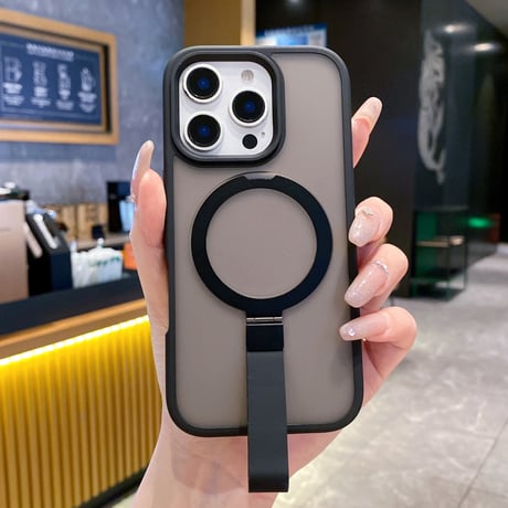 iPhone17Pro/17ProMaxケース Magsafe充電リングスタンド付 iPhone16Pro/15Plus/14カバー 指紋防止 高品質 落下防止ベルト [M5539]