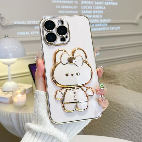 兎ミラースタンド  iPhone14/15Proケース  かわいい 多機能 メッキ アイフォン13/12mini/11proカバー オシャレ ギフトにおすすめ[M2701]