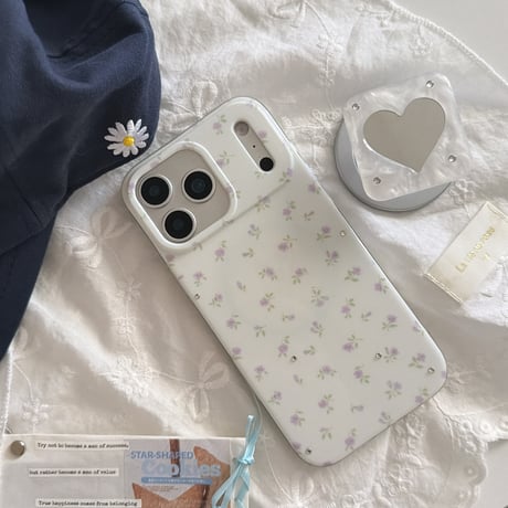 ハートミラーリングスタンド iPhone17/17Proケース MagSafe対応 iPhone16Pro/15/14ケース ダイヤデコパープル花柄 甘めコーデ [M6471]