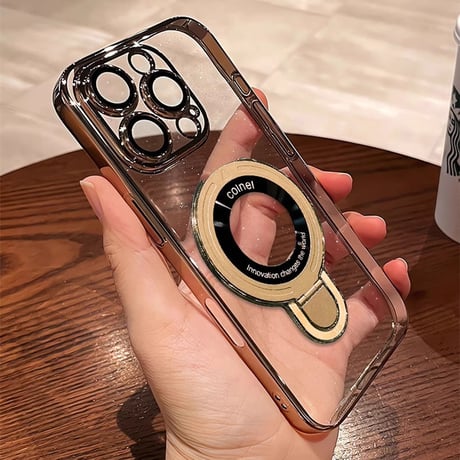 Magsafeスタンド キラキラiPhone17/16Proケース おしゃれ透明 アイフォン15Pro/14pro/13/12カバー 黄ばまないメッキ レンズカバー 丈夫[M4695]