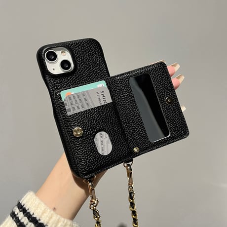鏡カード入れ付 iPhone15/15Proケース ショルダーストラップ付 レザーiPhone14Pro/13proカバー シンプル 高品質 [M3719]
