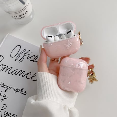 ピンク色貝殻紋 airpodsケース  シェルアクセサリー付  airpodsproカバー   綺麗 可愛い  SNS人気  M829