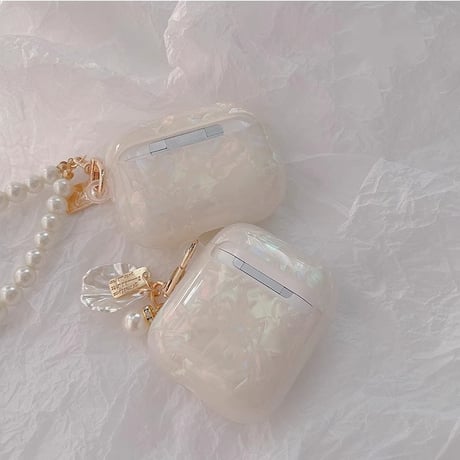 Airpods 4 ケース  めっちゃ可愛い シェル風 Airpodspro2/proカバー シェルチャーム/パールストラップ 女子力高い[M4723]