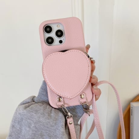 ハート小銭入れ iPhone15/15proケース ショルダーストラップ付 アイフォン14pro/13mini/12/11カバー レザー 高品質 超便利[M3709]