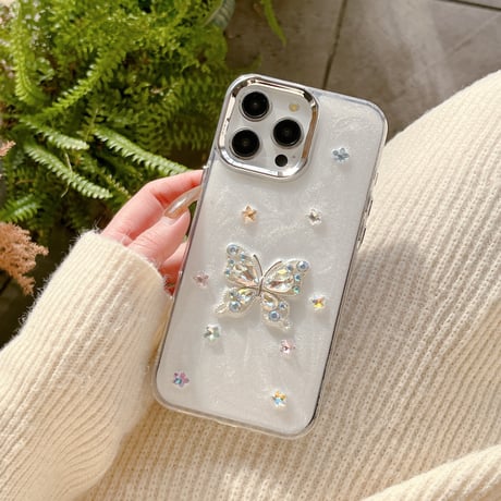ダイヤ蝶 iPhone16pro/16plusケース パールストラップ iPhone15pro/14/13promaxケース 豪華 おしゃれ ギフトにおすすめ [M4992]