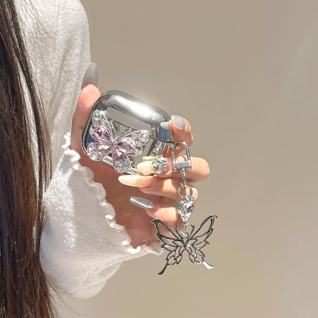 春夏におすすめ Airpods4ケース ダイヤ蝶  Airpods3/Pro2ケース airpodspro2カバー  蝶キーチェーン付 女子力高い メッキ[M5125]