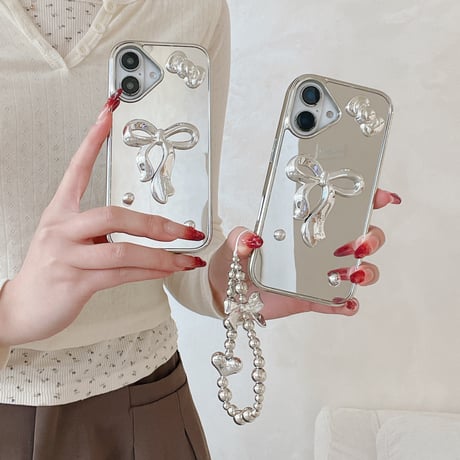 リボン ミラーiPhone16/16proカバー ストラップ付 iPhone15pro/14/13promaxケース かわいい メイク直し 女子力UP [M5088]