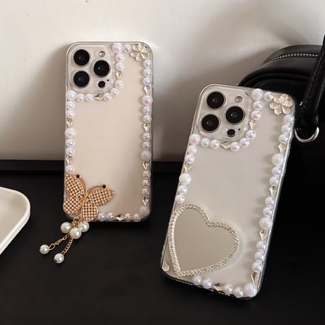 パールデコiPhone16pro/16ケース ハートミラー/蝶 iPhone15/14pro/13proクリアケース 女子力高い 可愛い [M5113]
