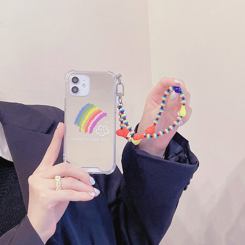 レインボー柄ミラー iphone12/11ケース カラーストラップ iphonexr/8/s