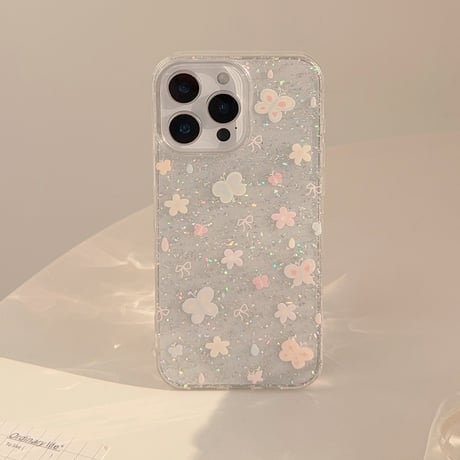 蝶グリップ iPhone16pro/16ケース グリッター入り iPhone15promax/14pro/13/12カバー スタンド付 人気アイテム[M5270]