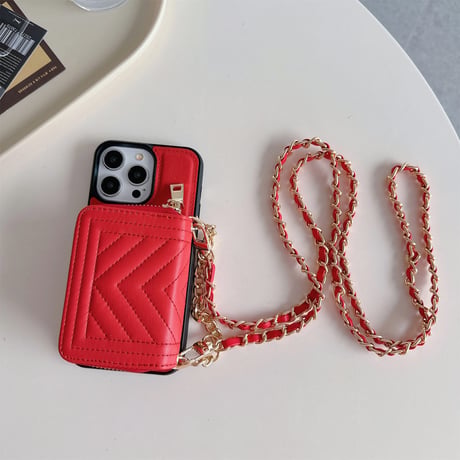 カード/小物入れ付 アイフォン15プロ/15ケース レザー ショルダーチェーン付 iPhone14pro/13/12promaxカバー 高級感 セレブ愛用[M4253]
