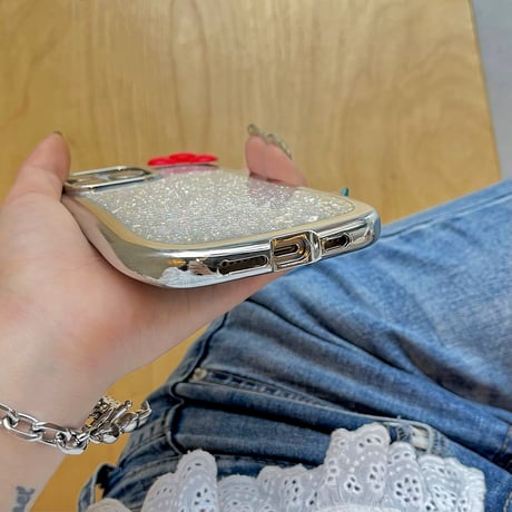 リボン 猫の耳 iPhone15Pro/15カバー キラキラグリッタ アイフォン14プロ/13/12ケース かわいい 女子力高い [M4393]