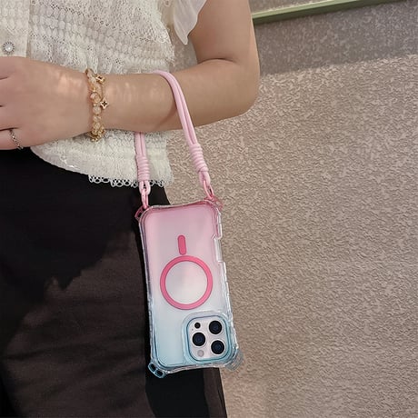 ストラップ付耐衝撃 iPhone16pro/16promaxケース Magsafe充電 iPhone15pro/14promax/13カバー 黄ばまない [M5509]