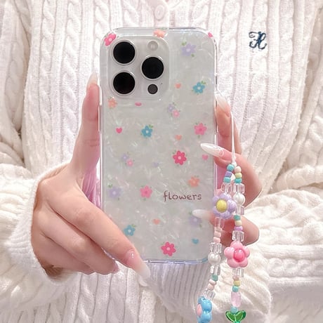 春におすすめ iPhone16pro/16ケース 花柄 シェル風 iphone15pro/14/13proカバー  花ストラップ 可愛い 淡色系[M5130]