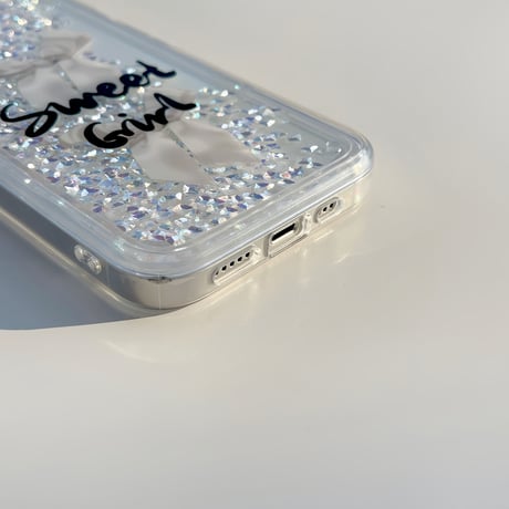 流れるダイヤモンド入り iphone14pro/13proケース リボン柄 Sweet Girl iphone12pro/11カバー クリア 綺麗 おしゃれ[M3259]