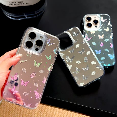 鏡付き蝶々 iPhone16pro/16ケース キラキラ 艶感 iPhone15promax/14/13proカバー 夏コーデにおすすめ [M5307]