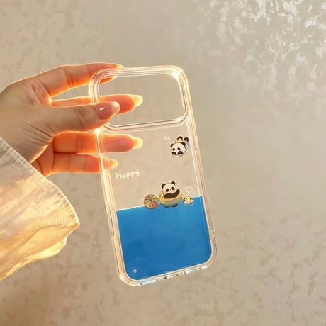 泳ぐパンダ iPhone17Pro/17ケース 海の水いり iPhone16Promax/15Proカバー 面白い 頑丈 ギフトにおすすめ [M6399]