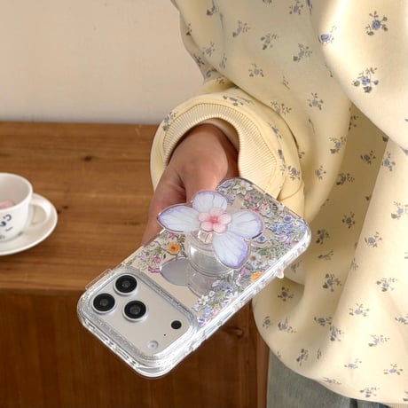 草花柄ミラー iPhone17pro/17ケース 蝶グリップ iPhone16promax/15proケース かわいい 便利 女子力高い[M6164]