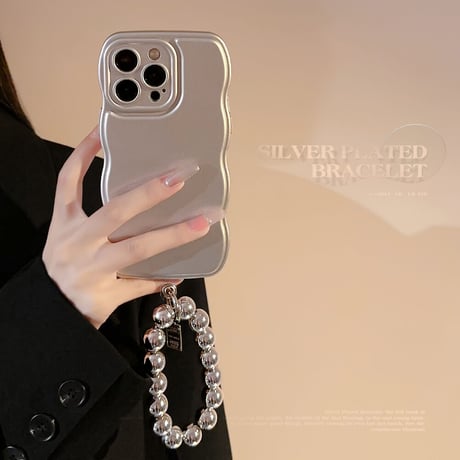 シルバー iphone14/13proケース ミラーグリップ/ストラップ付 iphone12pro/11カバー  シンプル 多機能[M3411]