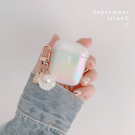 airpods3ケース  オーロラ色 キラキラ airpodsproカバー  真珠アクセサリー付き 女子力アップ  綺麗 オシャレ 艶ありM1380