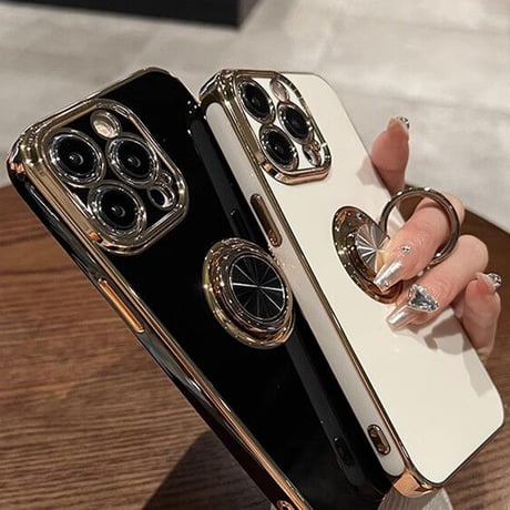 リング付 iPhone15/15plus/15proケース メッキ スタンド機能 iPhone14/13/12proカバー 光沢感 耐久性[M3558]