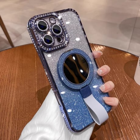 リングスタンド付鏡 iPhone16/16Proケース  ダイヤデコ iPhone15/14Pro/13カバー 大人可愛い キラキララメ[M5027]