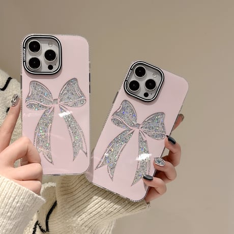 ラメリボン iPhone16pro/16ケース キラキラ ピンク iPhone15pro/14/13promaxケース おしゃれ 女子力UP [M5057]