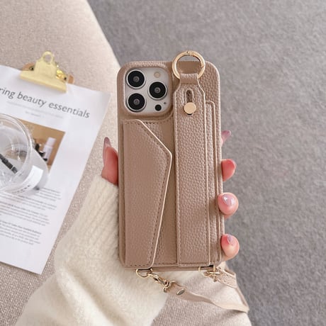 ショルダーストラップ iPhone14/15proカバー カード収納 ベルト付 アイフォン13pro/12/11proケース  多機能 高品質 使いやすい [M2646]