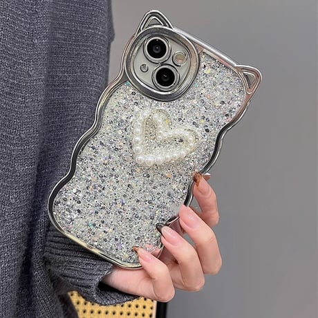 猫の耳 iPhone15/15proケース パールハート グリッター入り iPhone14promax/13pro/12ケース かわいい 大人気 [M4133]