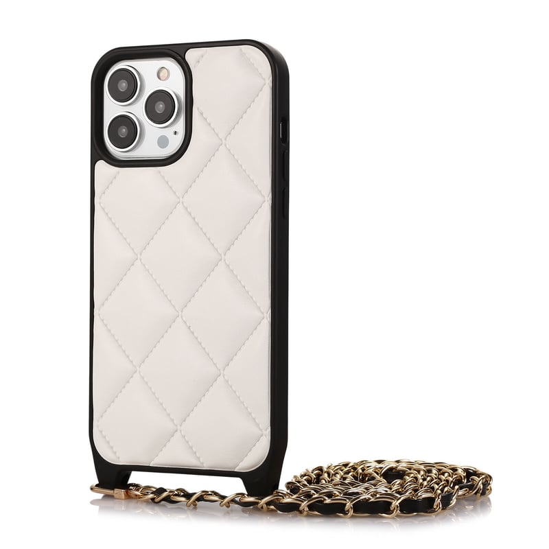 ぽんすけ♡iPhoneケース15 黒♡キルティングレザー♡ショルダータイプ キルティングレザー♡ブラックiPhoneケース-ショルダー型