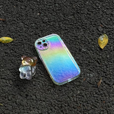 キラキラクマさんグリップ付 iphone14/13proケース  レインボーカラー iphone12/11カバー  可愛い  お洒落 多機能 綺麗透明感[M2181]
