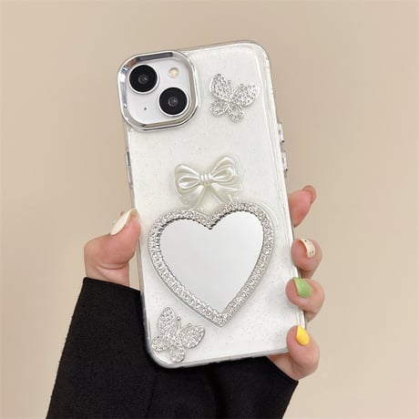 ジュエリーハート鏡 iPhone15/15pro/15plusケース リボン/蝶 iPhone14/13pro/12ケース 女子力アップ 黄ばまない[M4507]