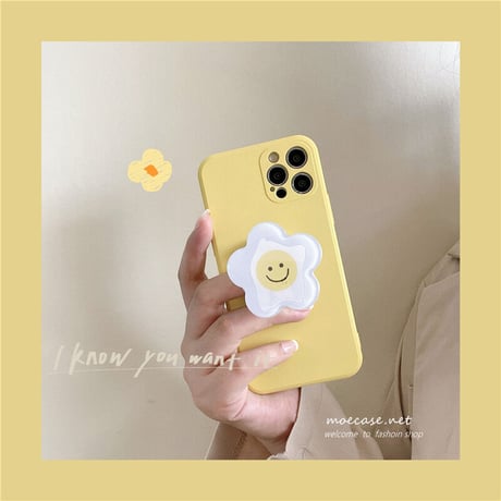 イエロー iphone12/13ケース  笑顔の花のスマホグリップ付 iphoneSE2/XS/11カバー  頑丈 耐衝撃 卓上スタンド機能付 M745