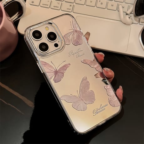 蝶柄鏡 iPhone15/15proケース チョウアクセサリー付 iPhone14/13pro/12ケース かわいい 便利 頑丈[M4154]