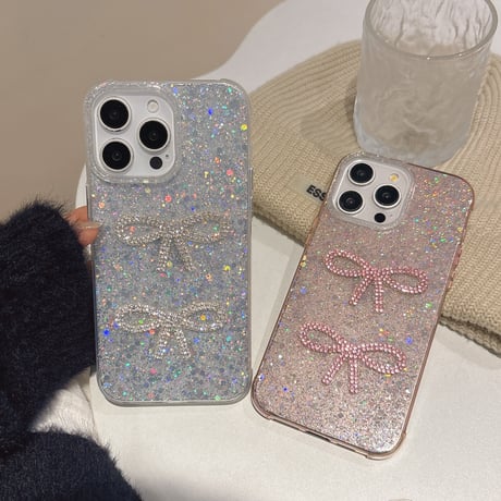 キラキラリボン iPhone16/16proケース グリッター iPhone15Pro/14/13proカバー 可愛い 女子力アップ [M5011]