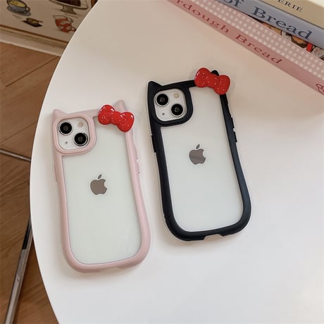 猫の耳 iPhone15/15proケース リボンデコ iphone14promax/13pro/12カバー 可愛い 黄ばまない[M4301]