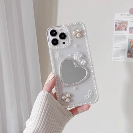 パール 鏡 iPhone15/15pro/15plusケース 可愛い iPhone14pro/13mini/12proカバー きれいめコーデ ギフトに最適 [M4041]