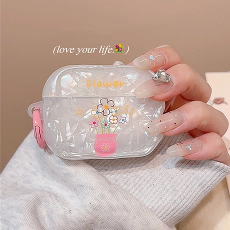 韓国風 Airpods4ケース シェル風花柄 Airpods3/Pro2ケース airpodspro2カバー  ストラップ うねうね 艶感[M5507]