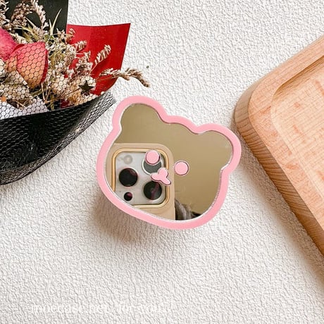 熊ちゃんミラースマホグリップ かわいい キラキラ グリップトーク  伸び縮み式 落下防止 卓上スタンド機能 ギフトにおすすめ[M3270]