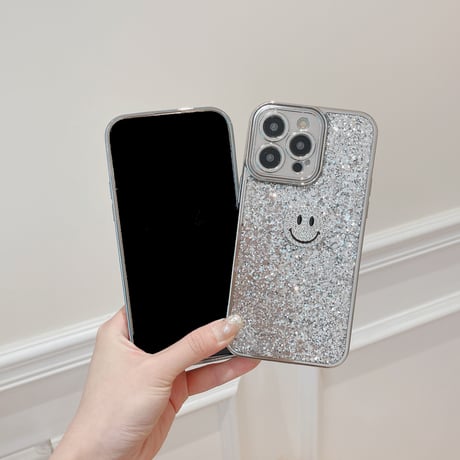 銀色 iPhone15/15proケース キラキラグリッター iPhone14/13pro/12ケース にこちゃん ストラップ付[M4300]