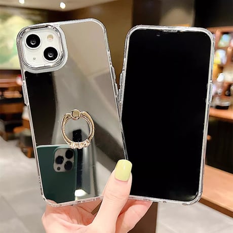 リング付ミラーiPhone16/16Pro/15Proケース 丈夫 iPhone14Pro/13/12カバー 高級感 高機能 便利 [M3918]