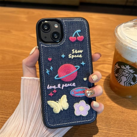 刺繡 星 花 iPhone14/14proカバー  デニム素材  アイフォン13/12/11ケース  可愛い 高品質  高級感  [M2250]