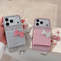 ダブルミラースタンド iPhone17Pro/17ケース ダイヤデコ iPhone16Pro/15/14ProMaxケース リボン ストラップ 贅沢[M6379]