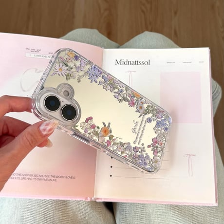 草花柄ミラー iPhone17pro/17ケース 蝶グリップ iPhone16promax/15proケース かわいい 便利 女子力高い[M6164]