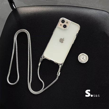 時計リング iPhone16/16proケース 高級感ショルダーチェーン付 iPhone15promax/14/13proカバー 透明 便利 丈夫[M5339]