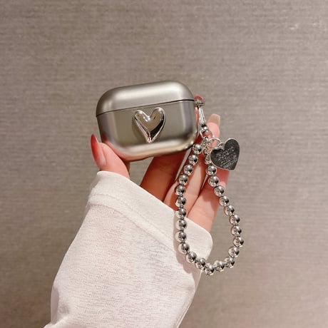 シルバーハート airpods4/3ケース ストラップ付 エアーポッズproカバー クール 可愛い 艶あり[M2049]
