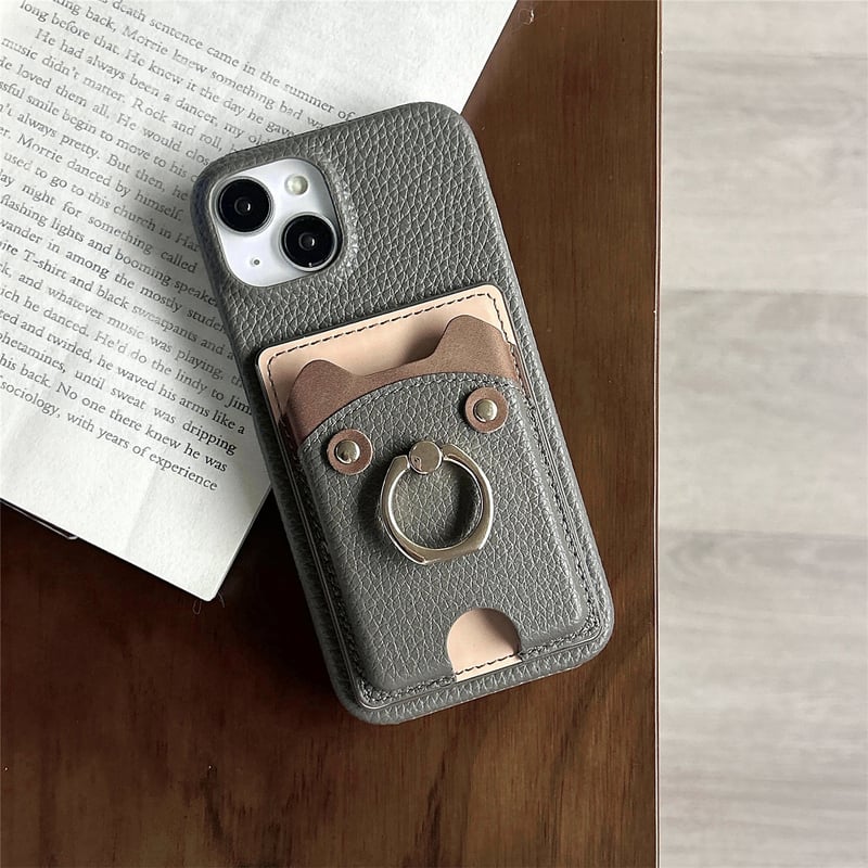 リングカード入れ付 iPhone16/16Proケース 熊 レザー アイフォン15pro