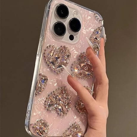 ダイヤハート iPhone16pro/16plusケース シェル柄 ピンク iPhone15promax/14pro/13カバー 女子力高い オシャレ[M5064]